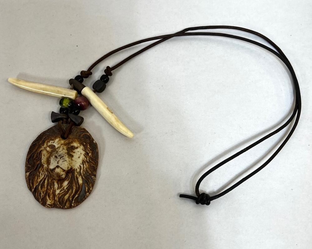 Lion Pendant Necklace Brown Cord 14" Handmade Strength Courage King of Kings